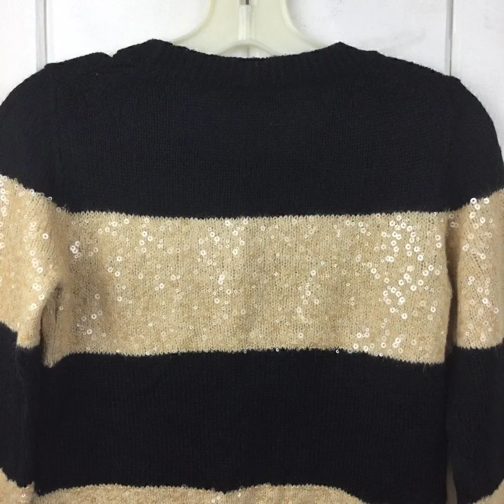 J. Crew Sequin Sweater, Black Gold Stripe Sequin Crew Sweater XS‎
